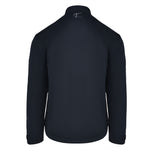 Men's 180 gram, softshell, rain jacket in black. Back view.