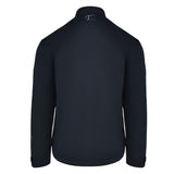 Men's 180 gram, softshell, rain jacket in black. Back view.