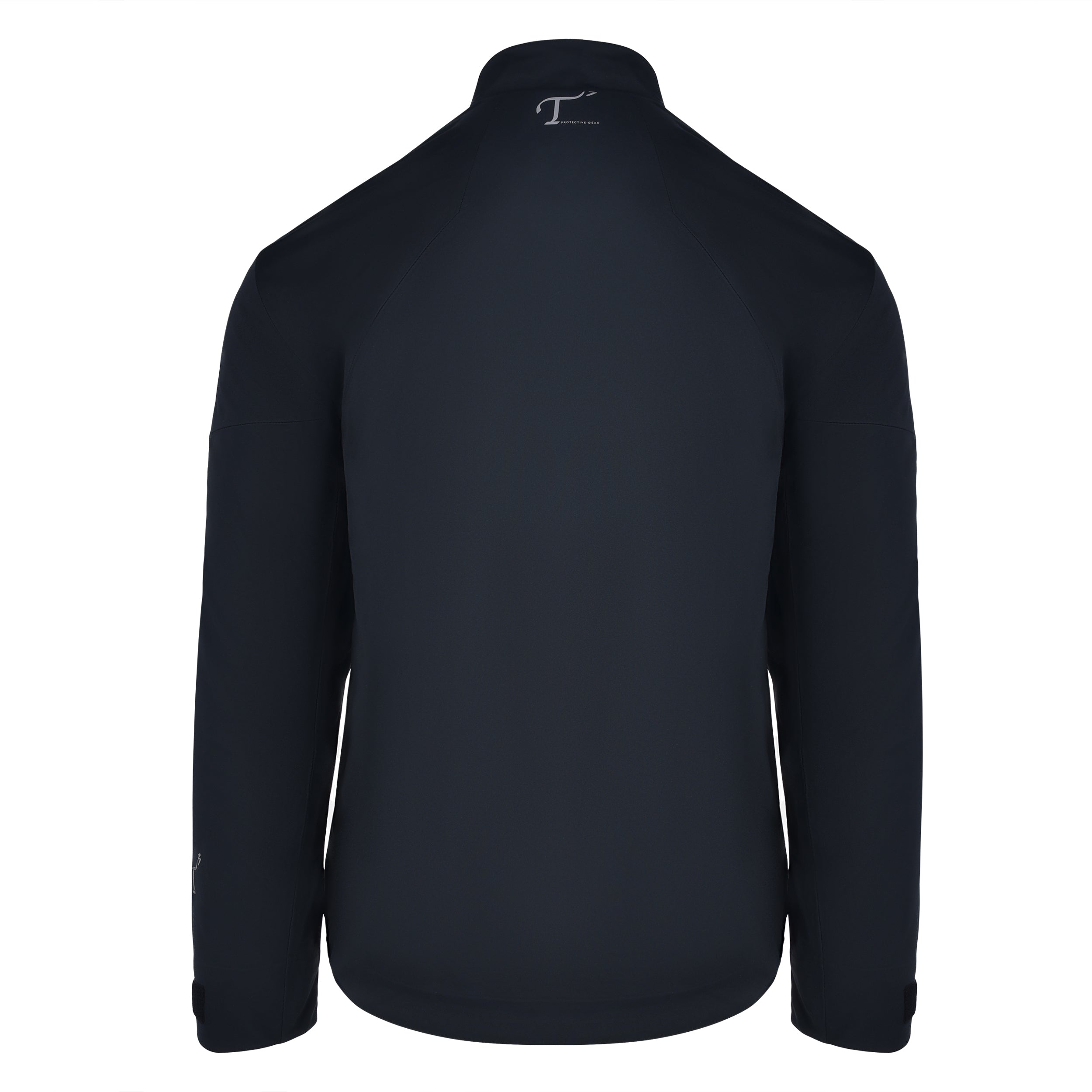 Men's 180 gram, softshell, rain jacket in black. Back view.