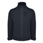 Men's 180 gram, softshell, rain jacket in black. Front view.