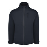 Men's 180 gram, softshell, rain jacket in black. Front view.