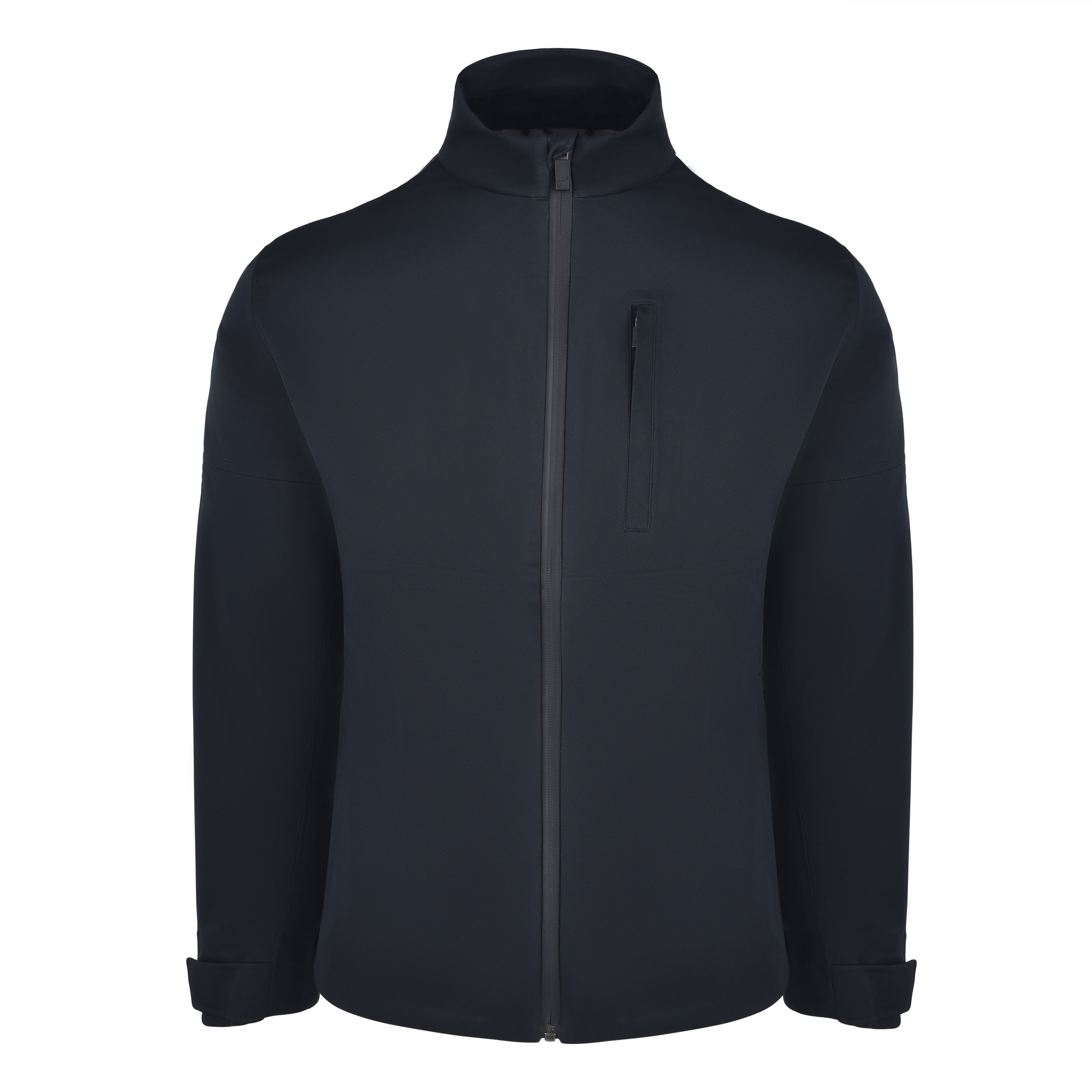 Men's 180 gram, softshell, rain jacket in black. Front view.