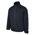 Men's 180 gram, softshell, rain jacket in black. 45 degree left view.