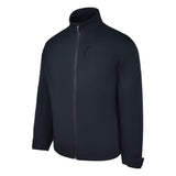 Men's 180 gram, softshell, rain jacket in black. 45 degree left view.