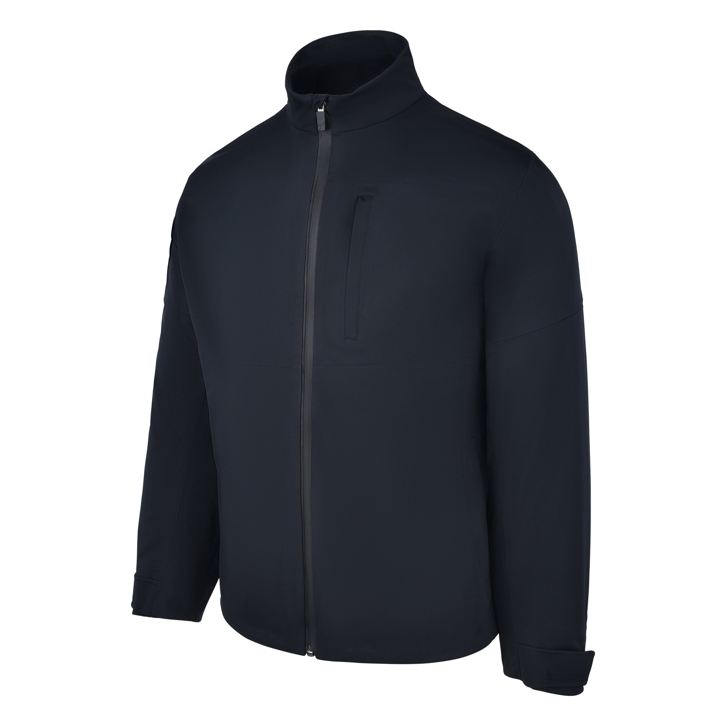 Men's 180 gram, softshell, rain jacket in black. 45 degree left view.