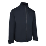 Men's 180 gram, softshell, rain jacket in black. 45 degree right view.