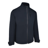 Men's 180 gram, softshell, rain jacket in black. 45 degree right view.