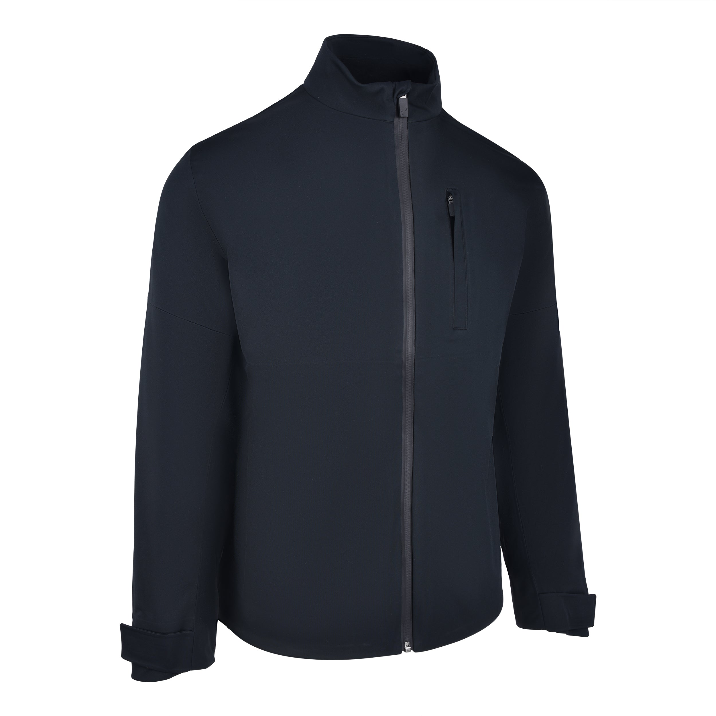 Men's 180 gram, softshell, rain jacket in black. 45 degree right view.