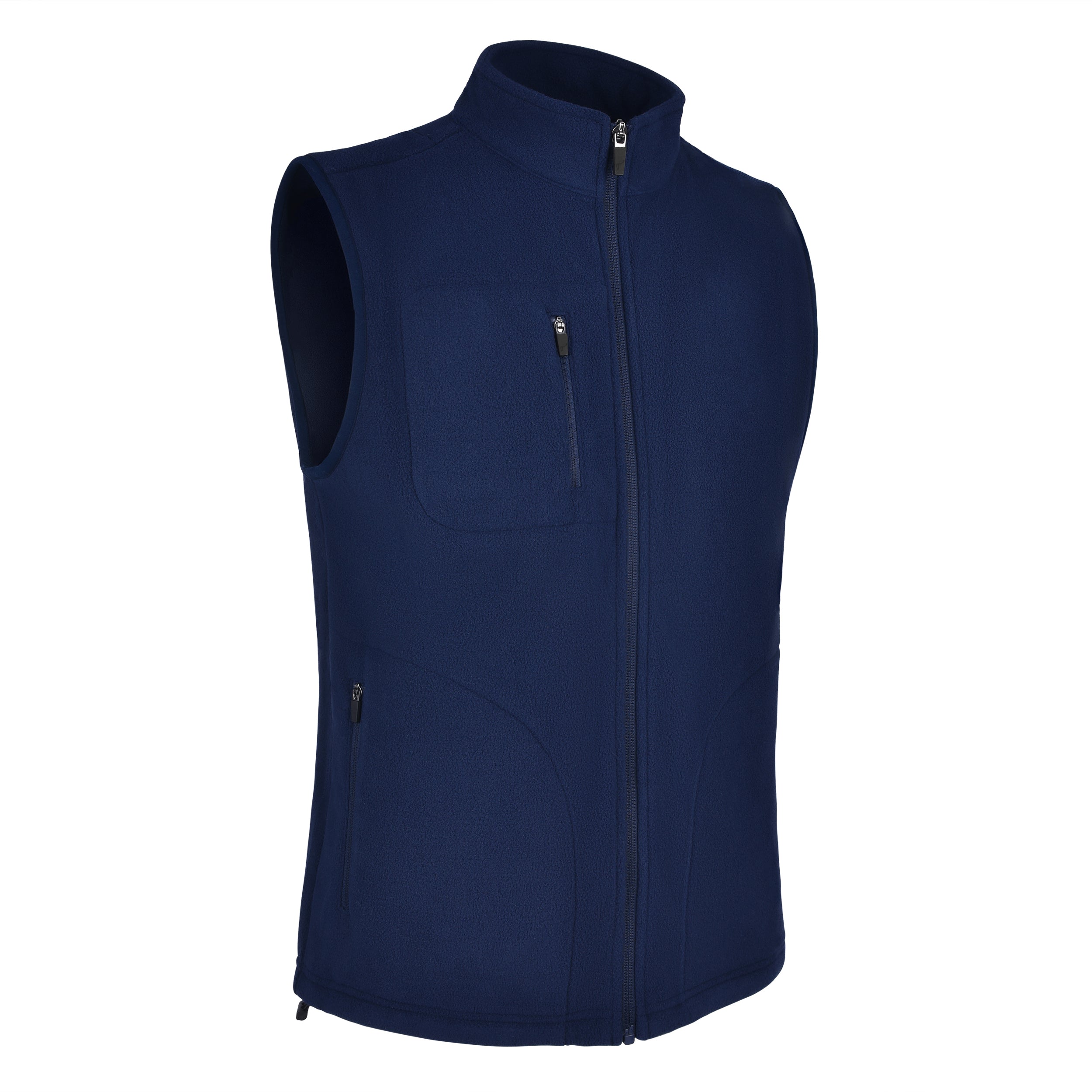 Men's Fleece Vest, Navy. 45 degree right view.