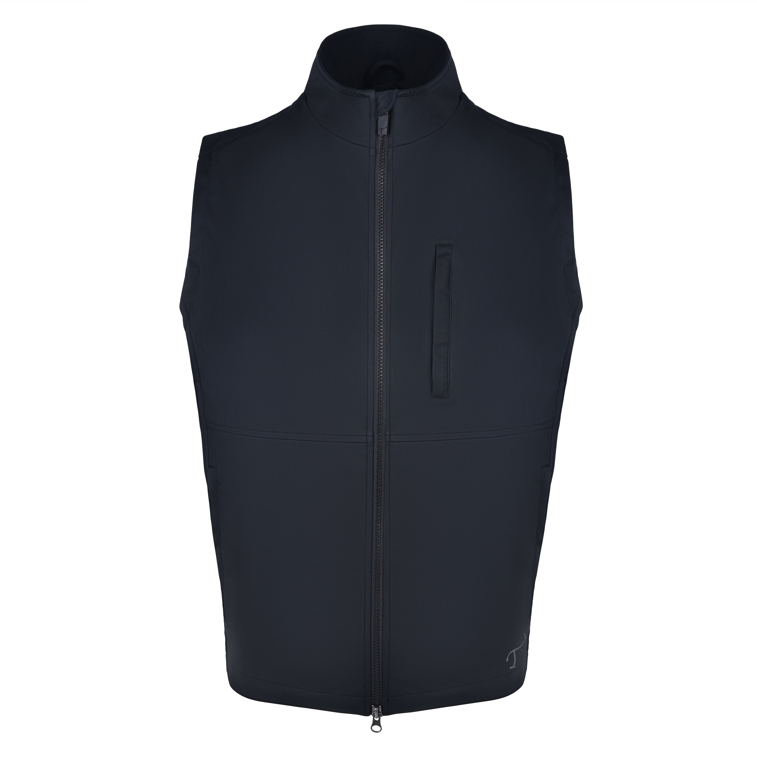 Men's 180g Softshell Rain Vest, Black with Black Zipper. Front View.
