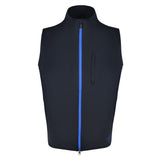 Men's 180g Softshell Rain Vest, Black with Blue Zipper. Front View.