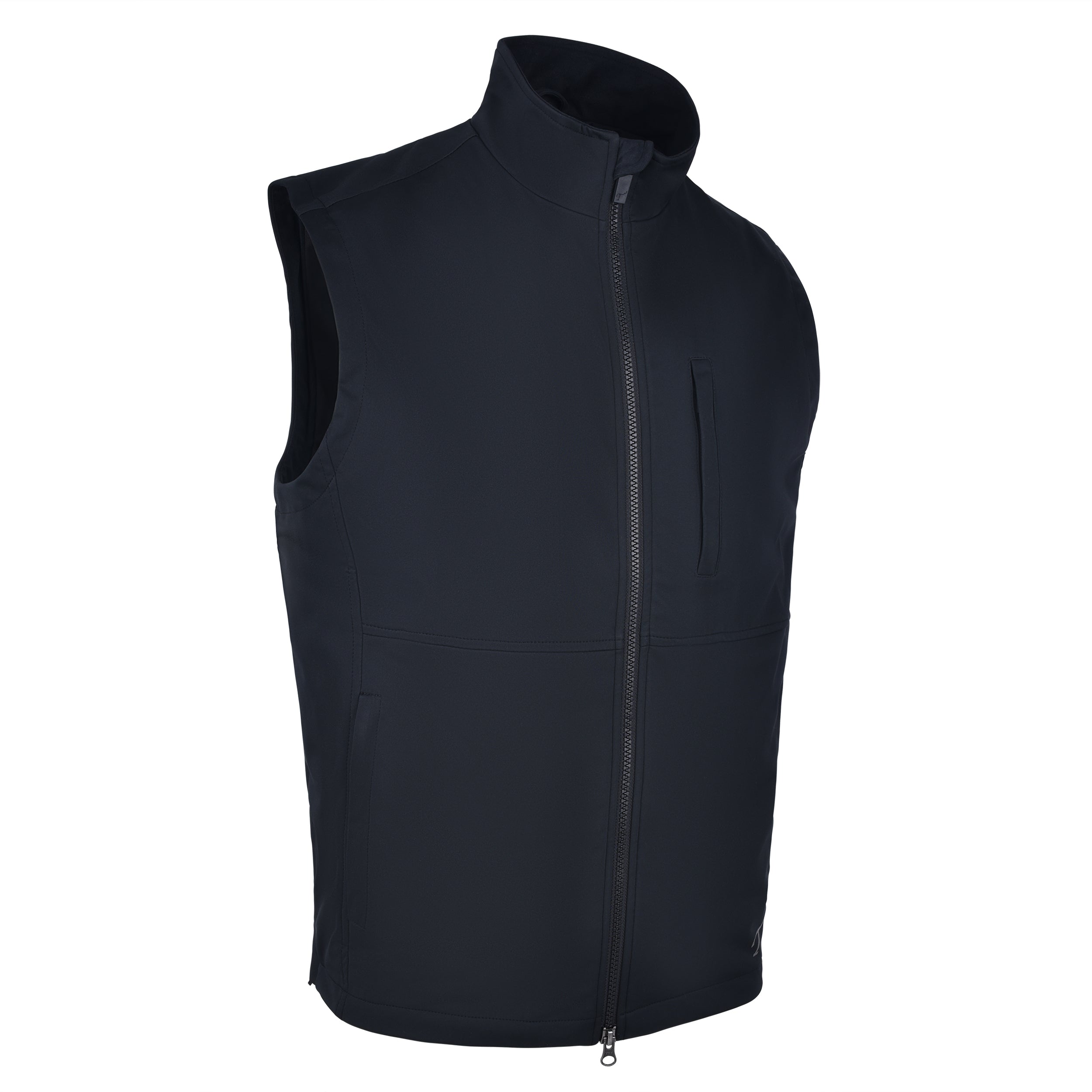 Men's 180g Softshell Rain Vest, Black with Black Zipper. 45 Degree Right View.