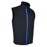 Men's 180g Softshell Rain Vest, Black with Blue Zipper. 45 Degree Right View.