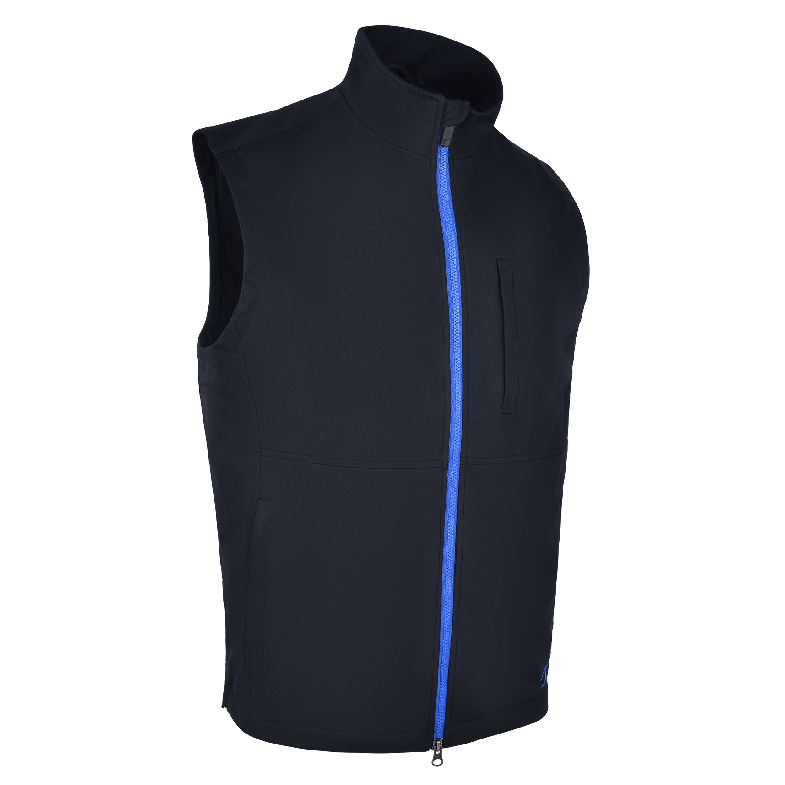 Men's 180g Softshell Rain Vest, Black with Blue Zipper. 45 Degree Right View.