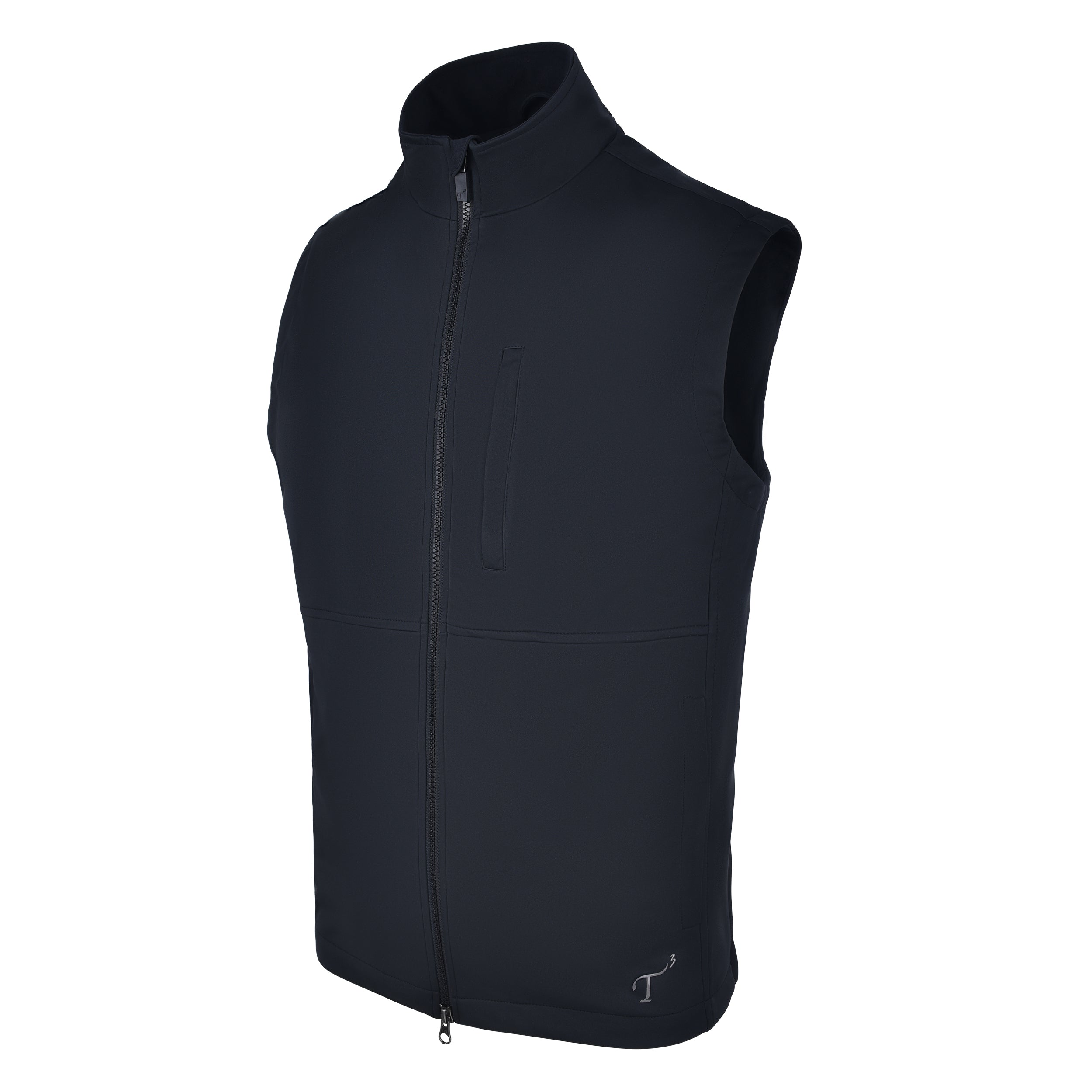 Men's 180g Softshell Rain Vest, Black with Black Zipper. 45 Degree Left View.