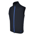 Men's 180g Softshell Rain Vest, Black with Blue Zipper. 45 Degree Left View.