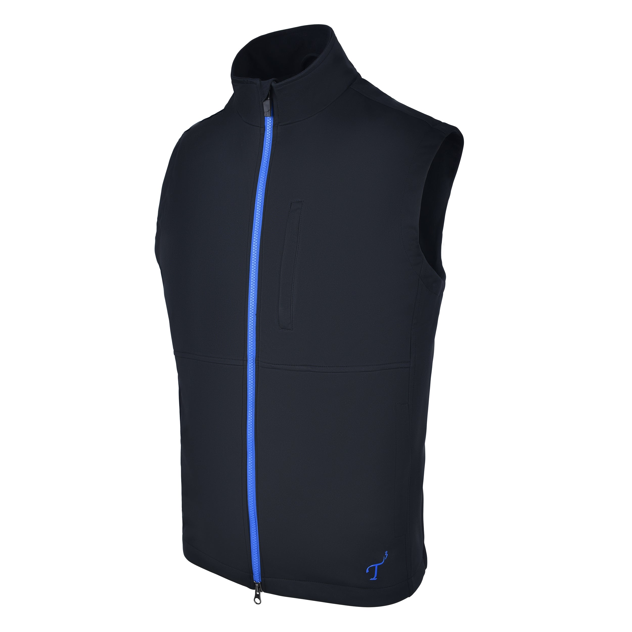 Men's 180g Softshell Rain Vest, Black with Blue Zipper. 45 Degree Left View.