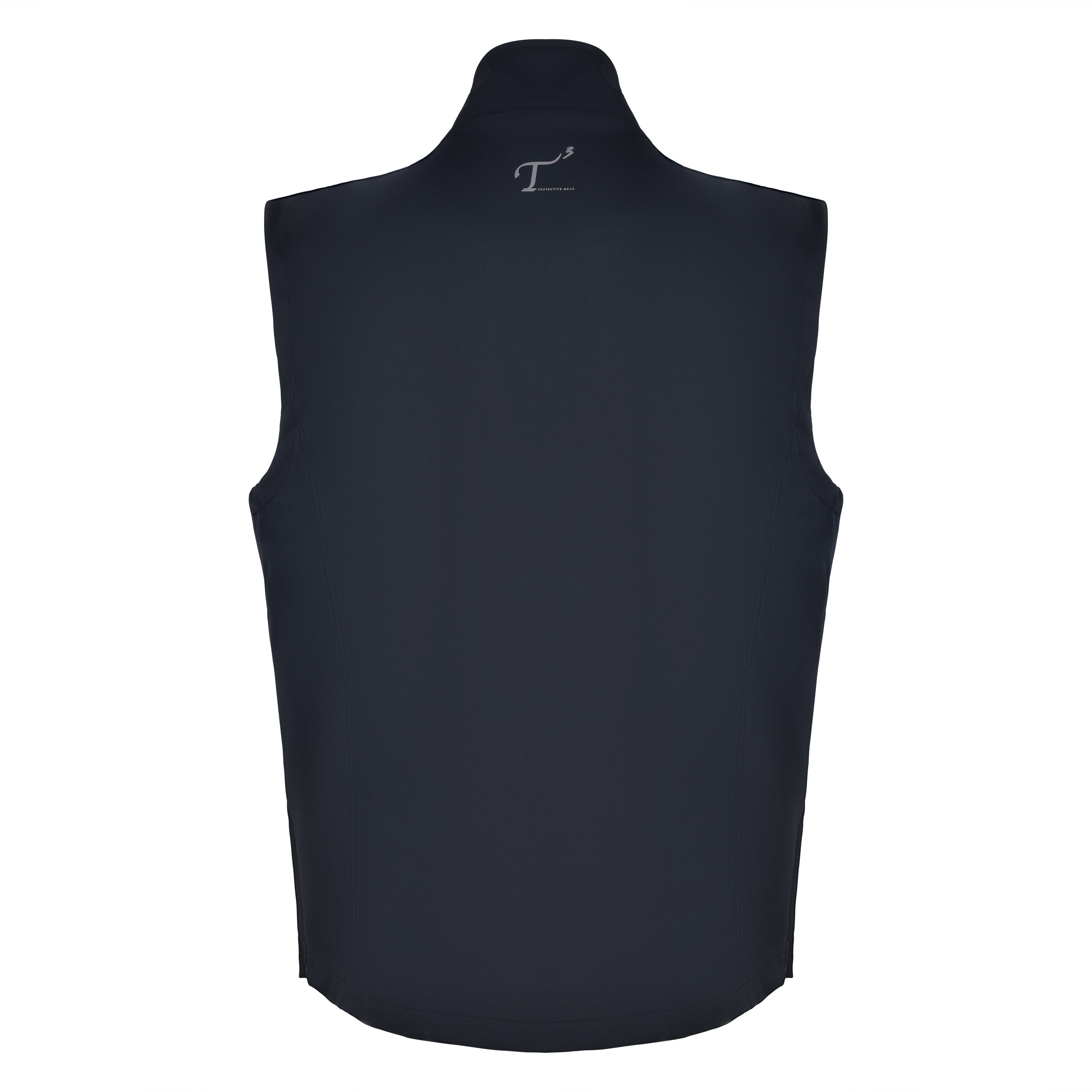 Men's 180g Softshell Rain Vest, Black with Black Zipper. Back View.