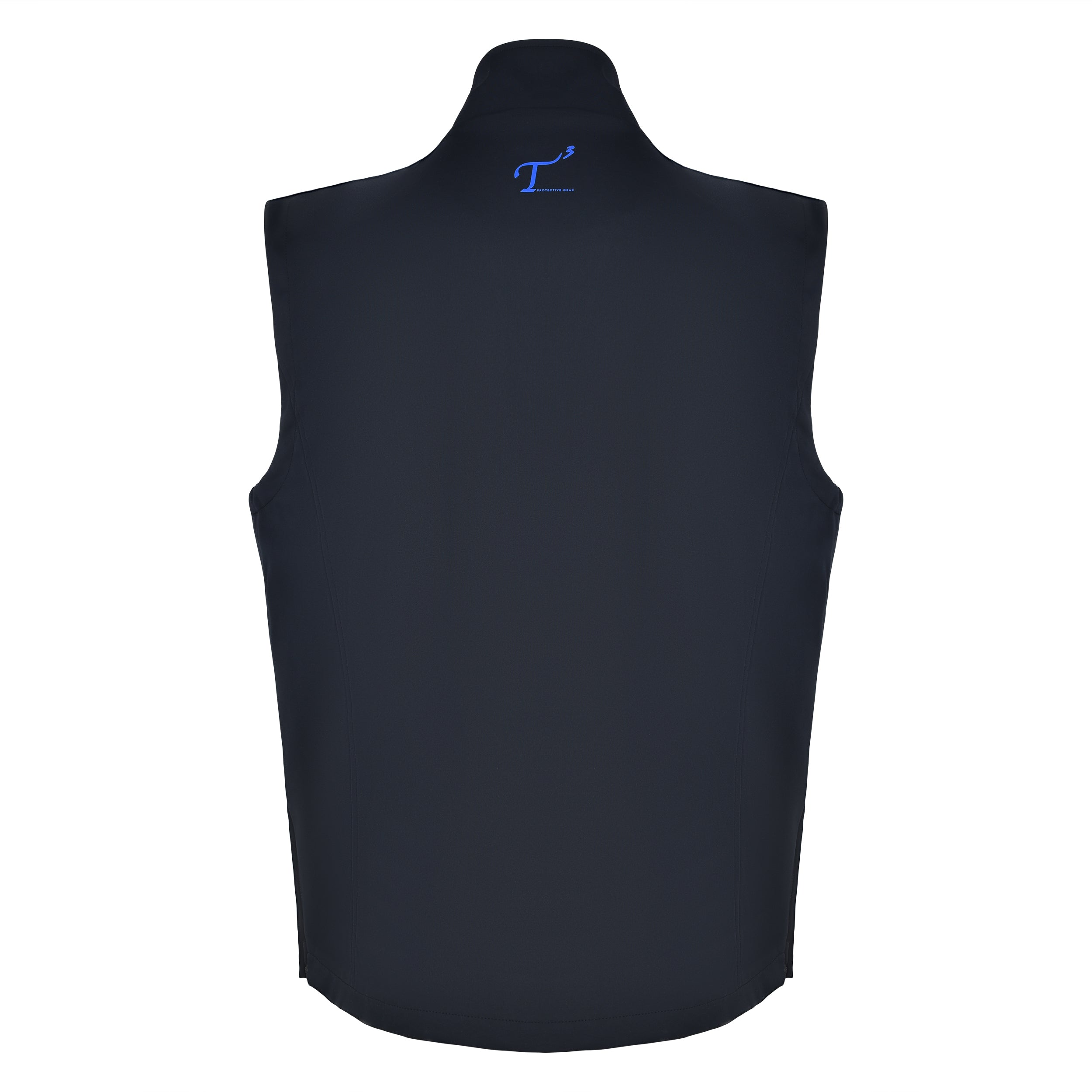 Men's 180g Softshell Rain Vest, Blue Zipper. Back View.