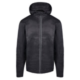 Men's Water Repellent Lightweight Running Jacket with Hood, Black Camo. Front View.