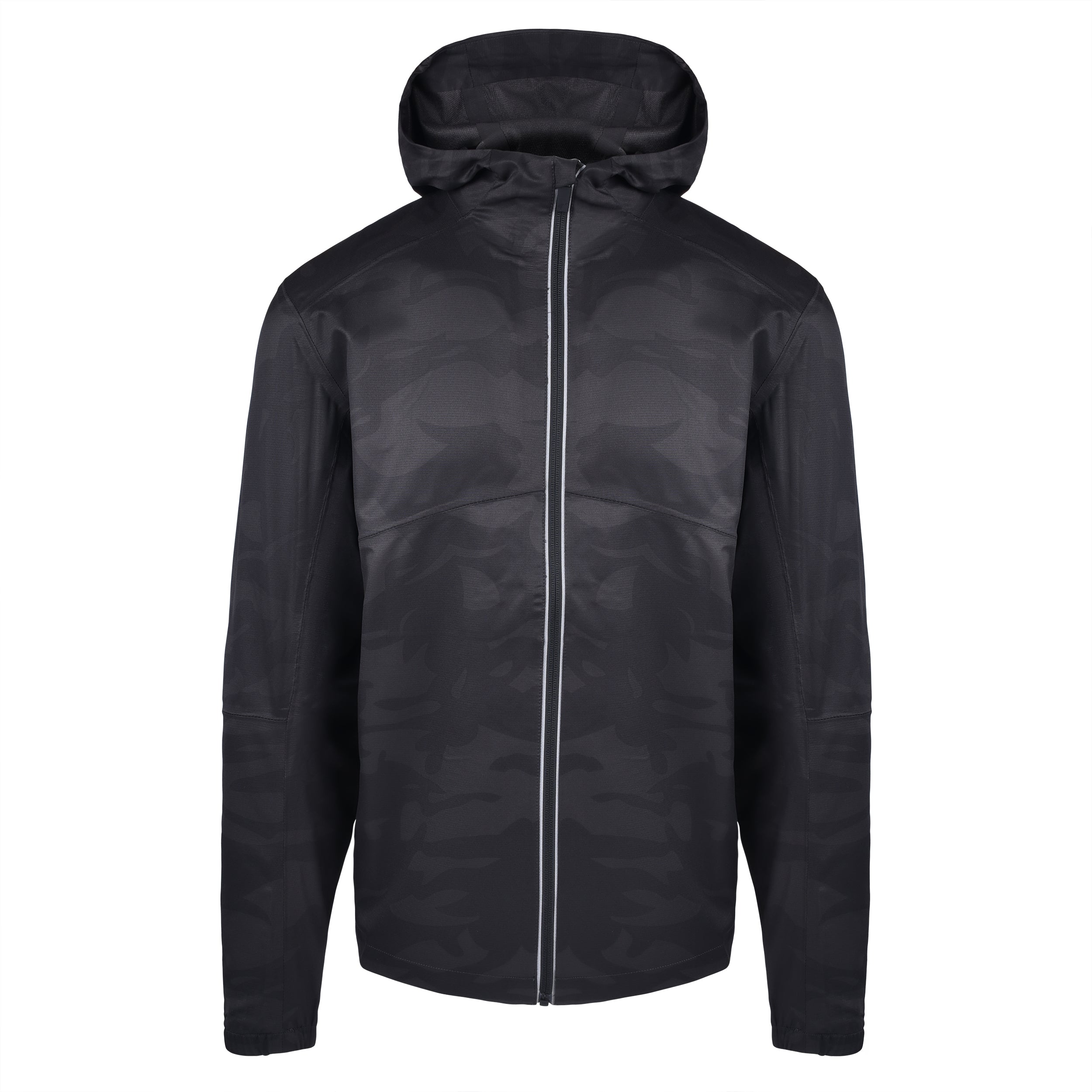 Men's Water Repellent Lightweight Running Jacket with Hood, Black Camo. Front View.