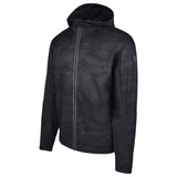 Men's Water Repellent Lightweight Running Jacket with Hood, Black Camo. 45 Degree Left View.