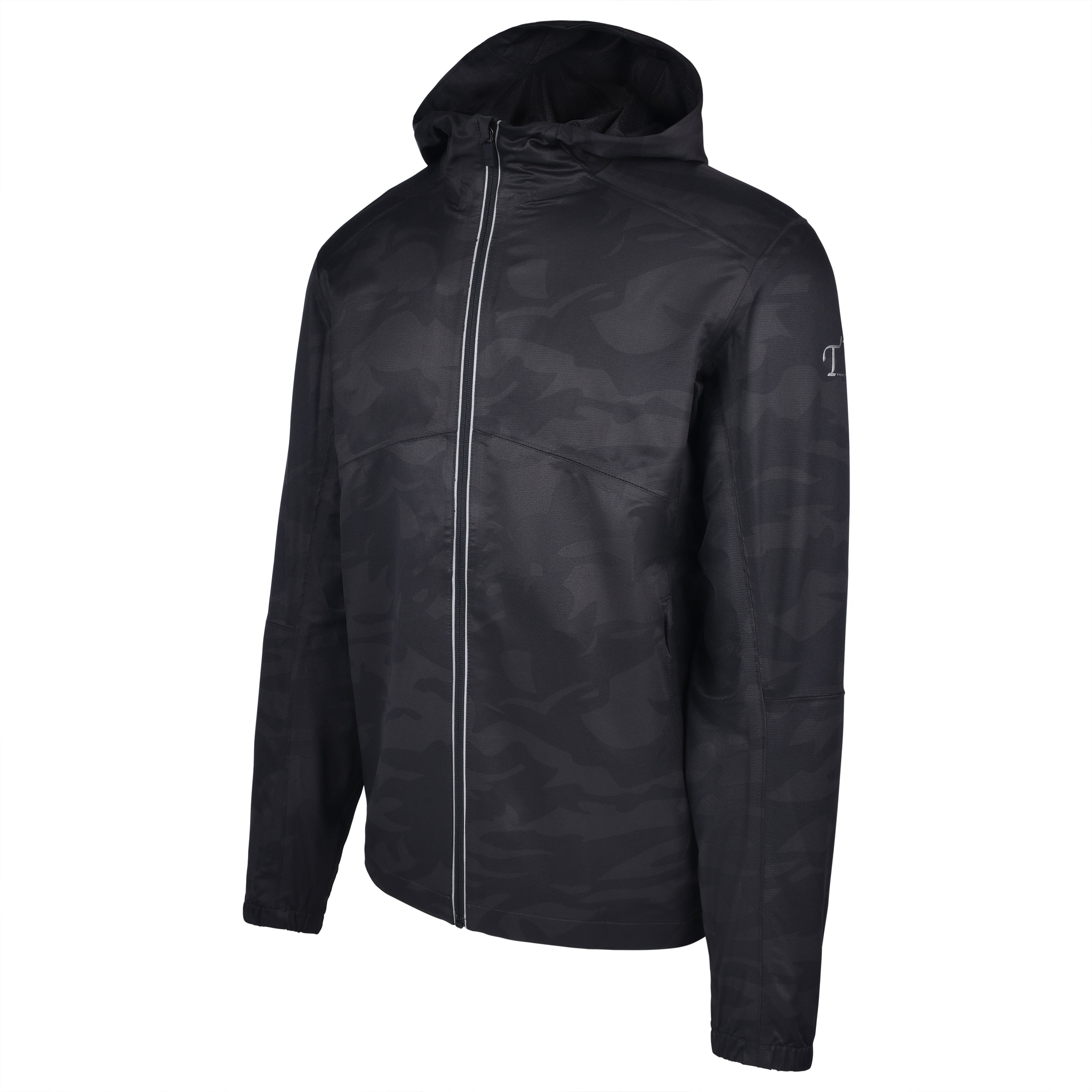 Men's Water Repellent Lightweight Running Jacket with Hood, Black Camo. 45 Degree Left View.