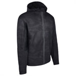 Men's Water Repellent Lightweight Running Jacket with Hood, Black Camo. 45 Degree Right View.