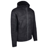 Men's Water Repellent Lightweight Running Jacket with Hood, Black Camo. 45 Degree Right View.