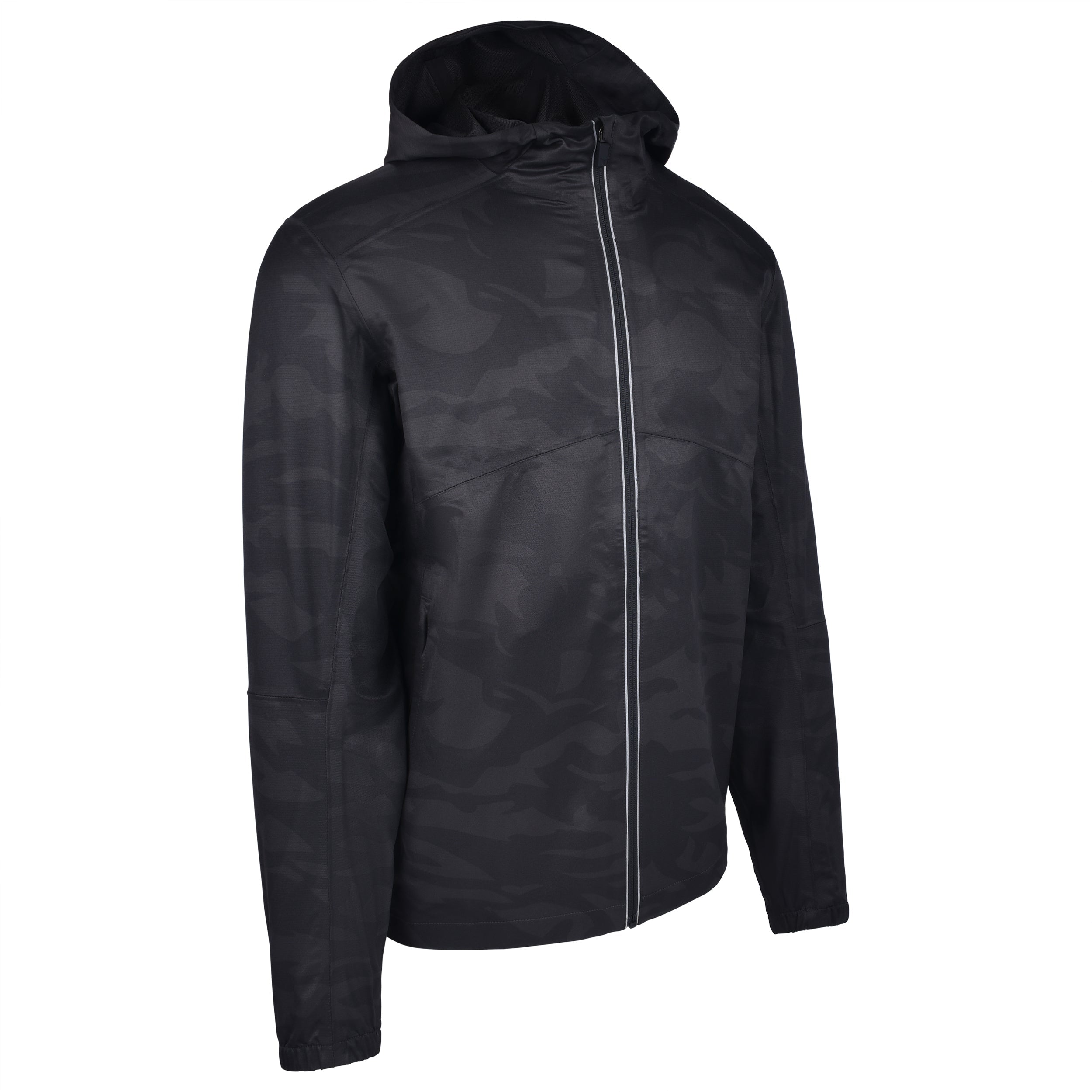 Men's Water Repellent Lightweight Running Jacket with Hood, Black Camo. 45 Degree Right View.