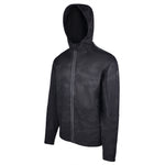 Men's Water Repellent Lightweight Running Jacket with Hood, Black Camo. 45 Degree Left View.