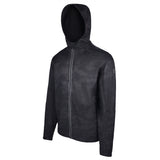 Men's Water Repellent Lightweight Running Jacket with Hood, Black Camo. 45 Degree Left View.