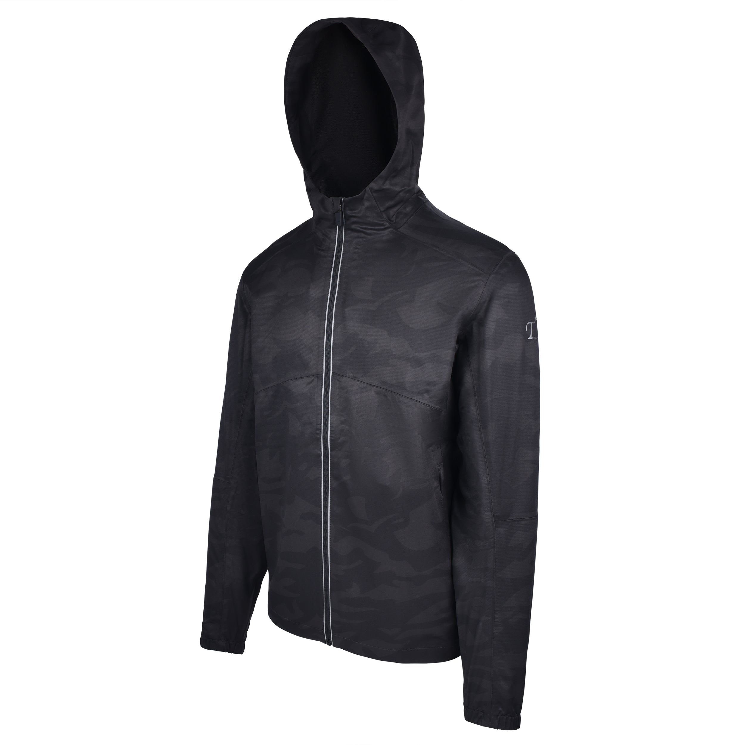 Men's Water Repellent Lightweight Running Jacket with Hood, Black Camo. 45 Degree Left View.