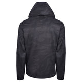 Men's Water Repellent Lightweight Running Jacket with Hood, Black Camo. Back View.
