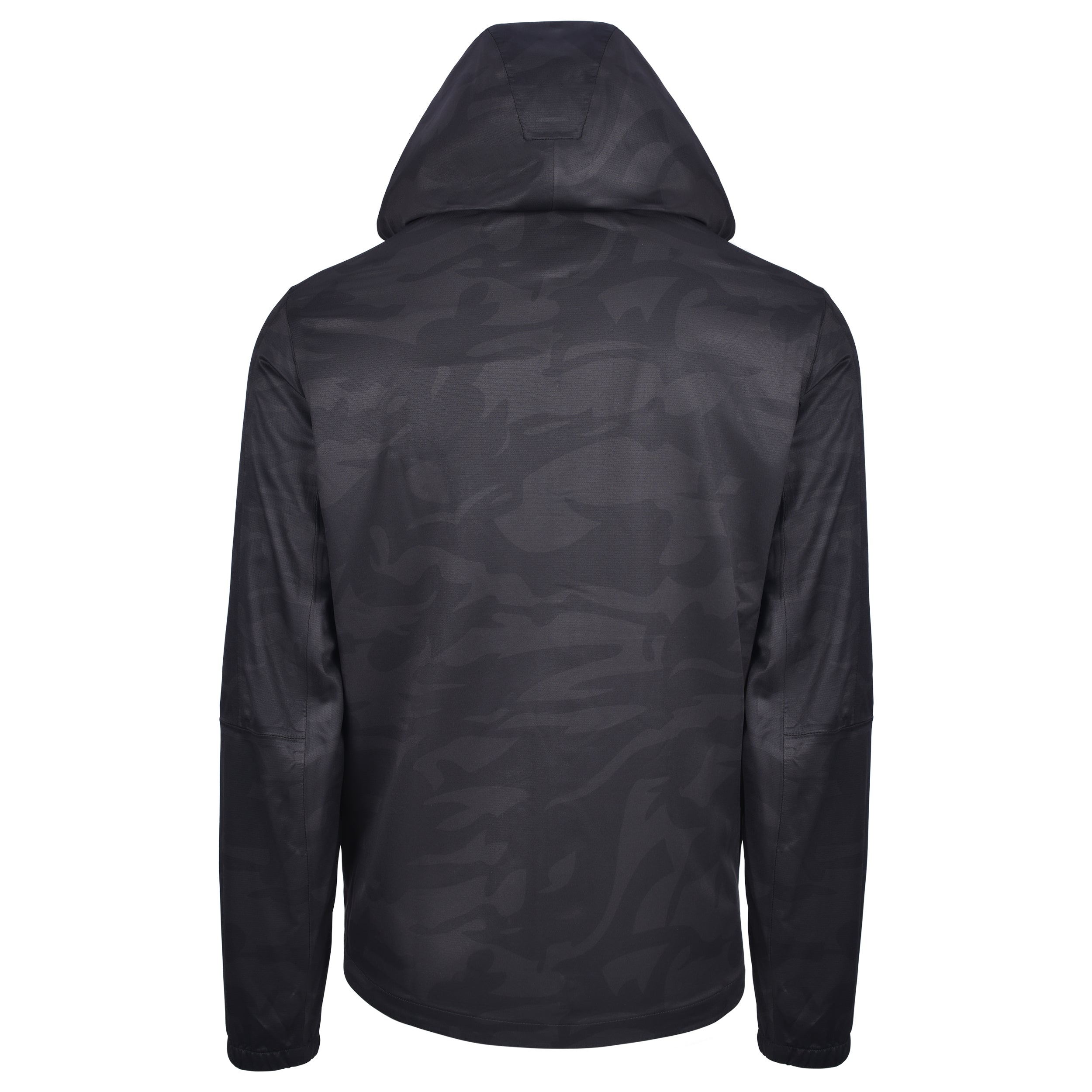 Men's Water Repellent Lightweight Running Jacket with Hood, Black Camo. Back View.