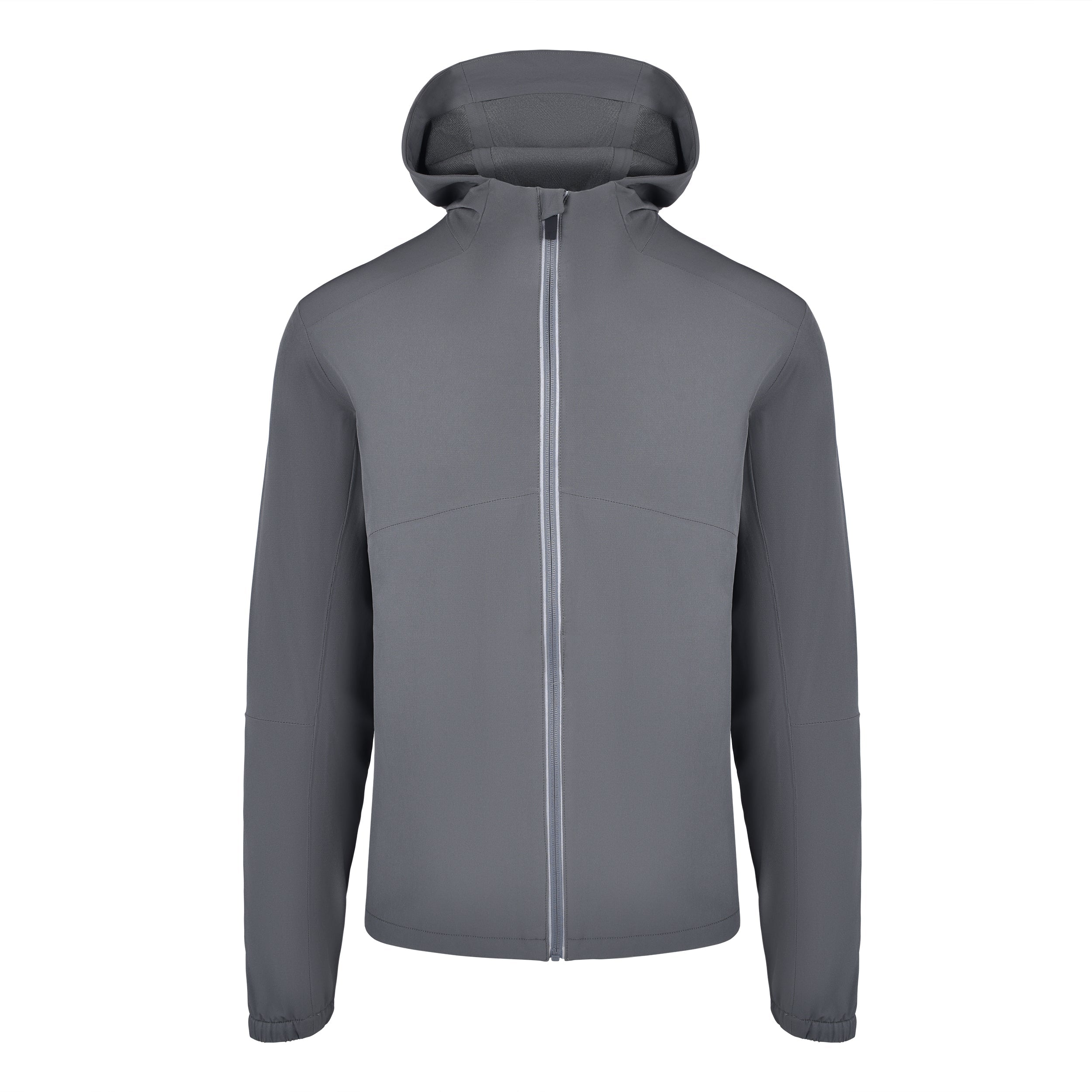Men's Water Repellent Lightweight Running Jacket with Hood, Gray. Front View.