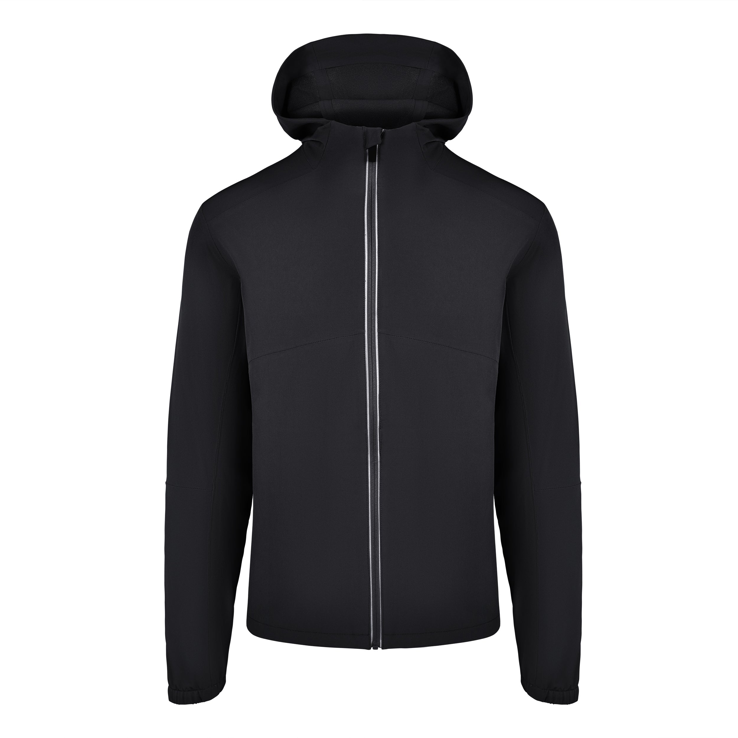 Men's Water Repellent Lightweight Running Jacket with Hood, Black. Front View.