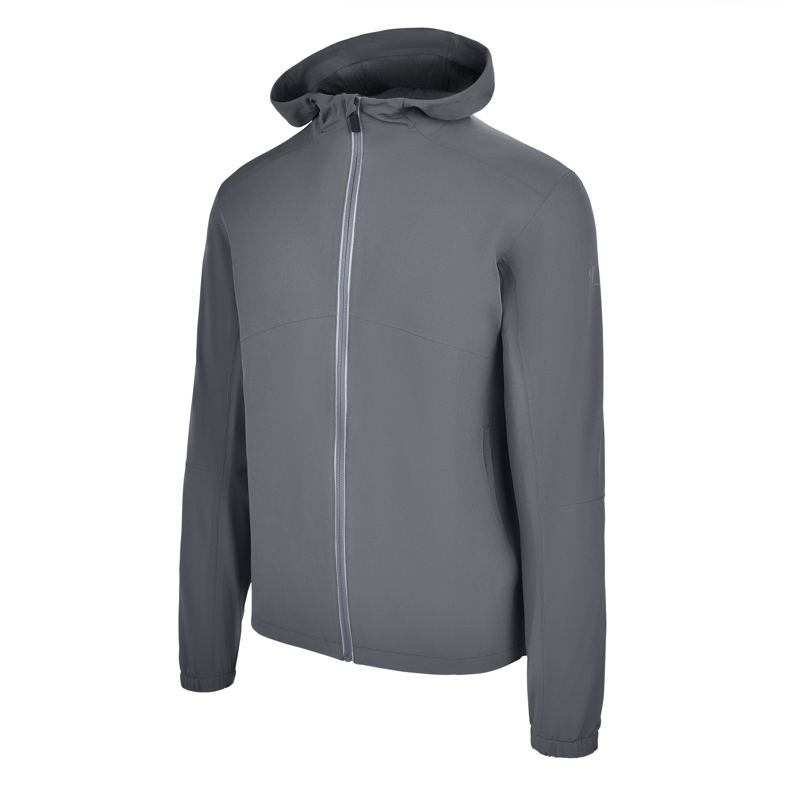 Men's Water Repellent Lightweight Running Jacket with Hood, Gray. 45 Degree Left View.