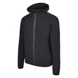 Men's Water Repellent Lightweight Running Jacket with Hood, Black. 45 Degree Left View.