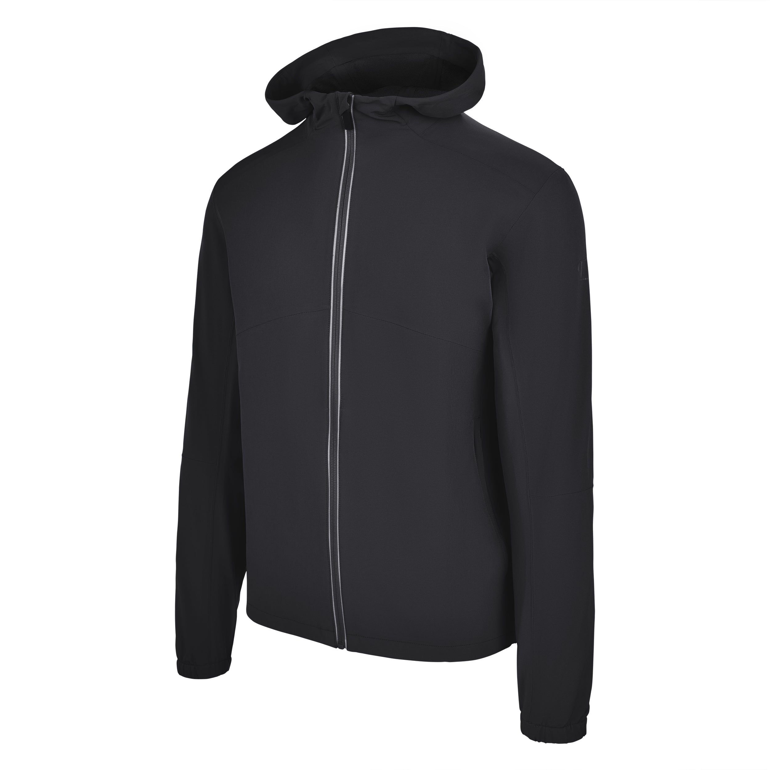Men's Water Repellent Lightweight Running Jacket with Hood, Black. 45 Degree Left View.