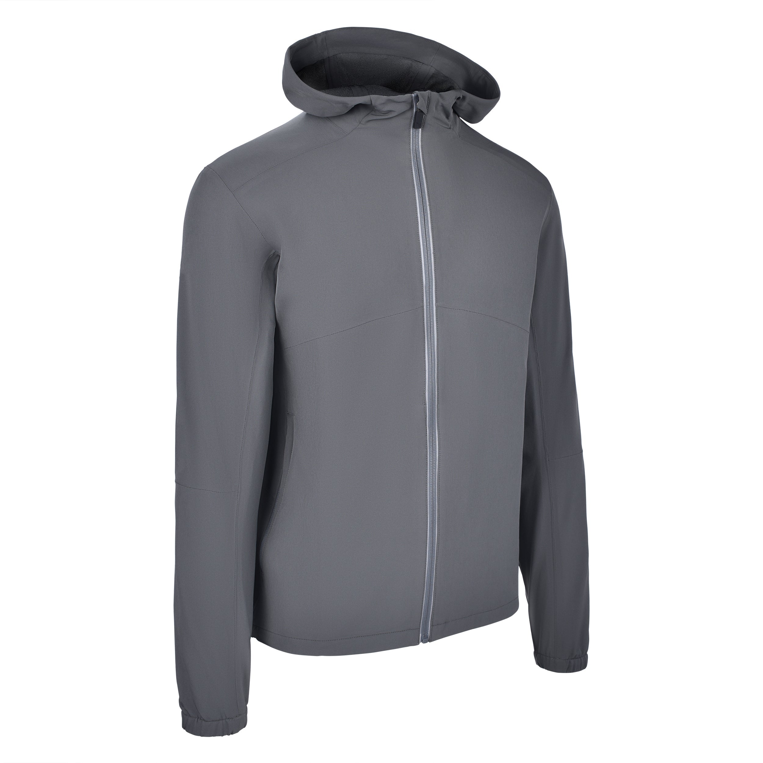 Men's Water Repellent Lightweight Running Jacket with Hood, Gray. 45 Degree Right View.