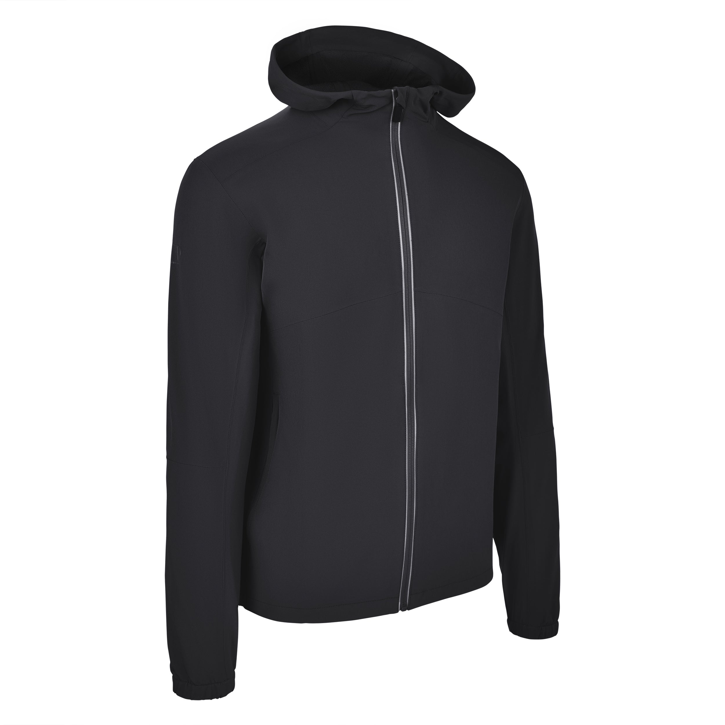 Men's Water Repellent Lightweight Running Jacket with Hood, Black. 45 Degree Right View.
