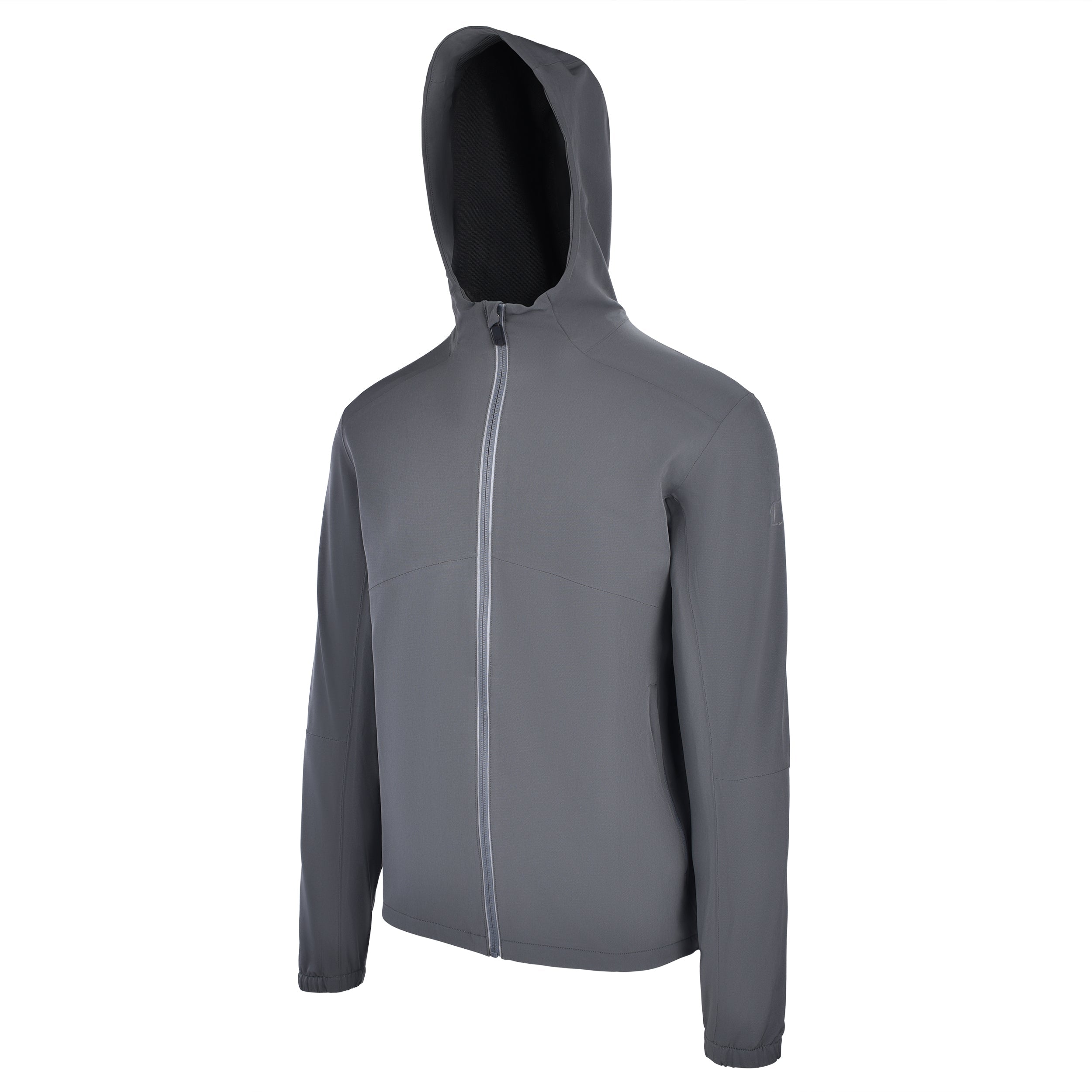 Men's Water Repellent Lightweight Running Jacket with Hood, Smokey Gray. 45 Degree Left View.