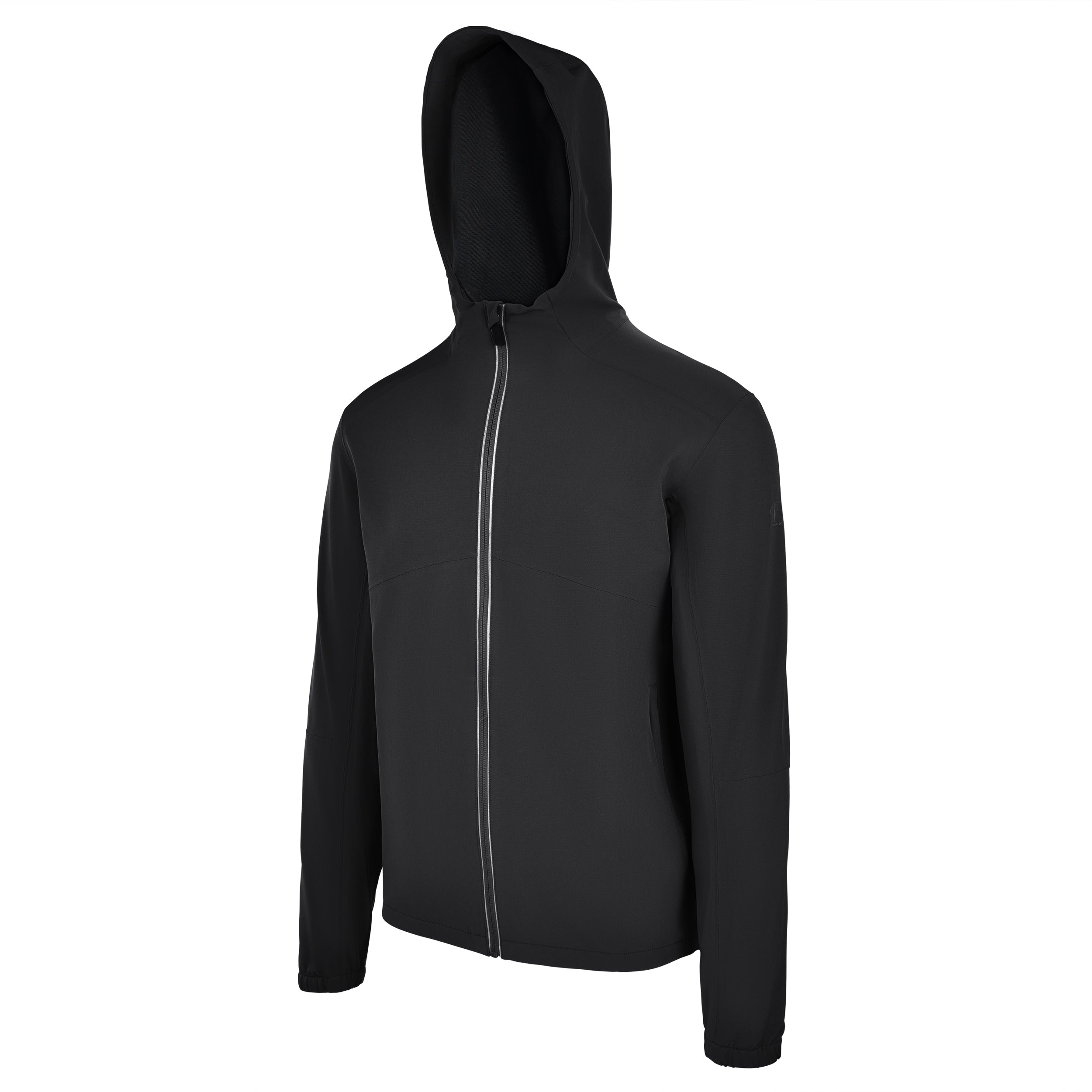 Men's Water Repellent Lightweight Running Jacket with Hood, Black. 45 Degree Left View.