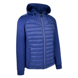 Men's Thinsulate Hybrid Hooded Long Sleeve Jacket, Navy. 45 degree right view.