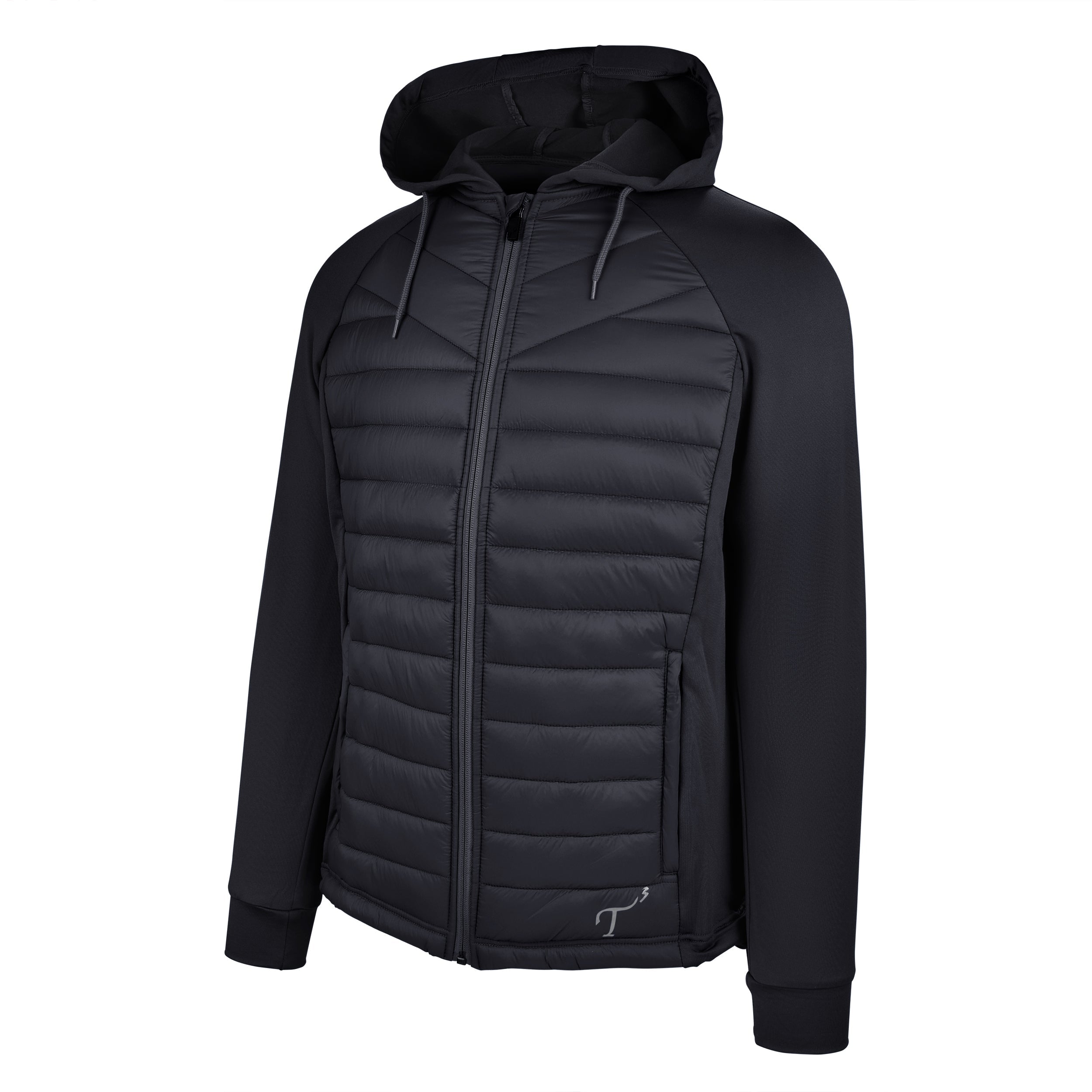 Men's Thinsulate Hybrid Hooded Long Sleeve Jacket, Black. 45 degree left view.