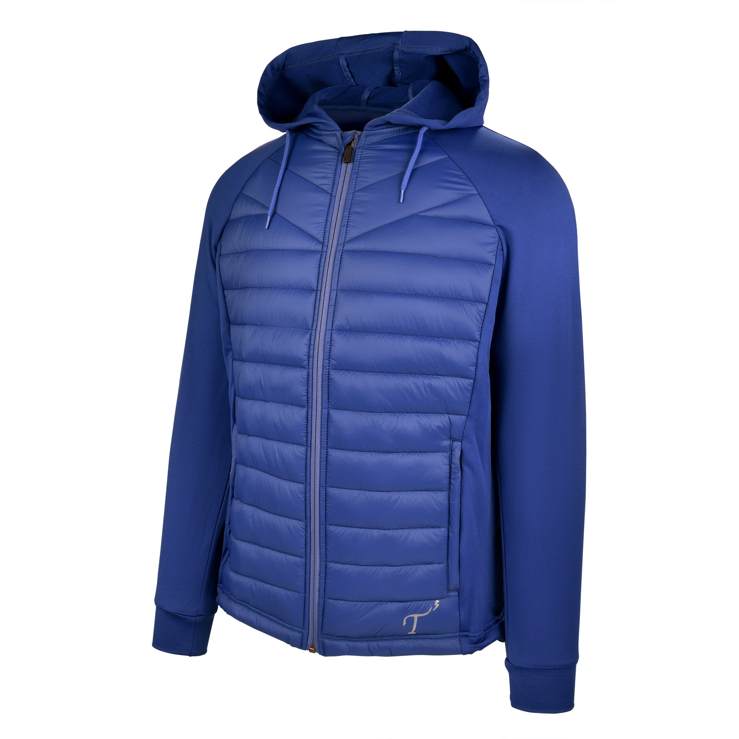 Men's Thinsulate Hybrid Hooded Long Sleeve Jacket, Navy. 45 degree right view.