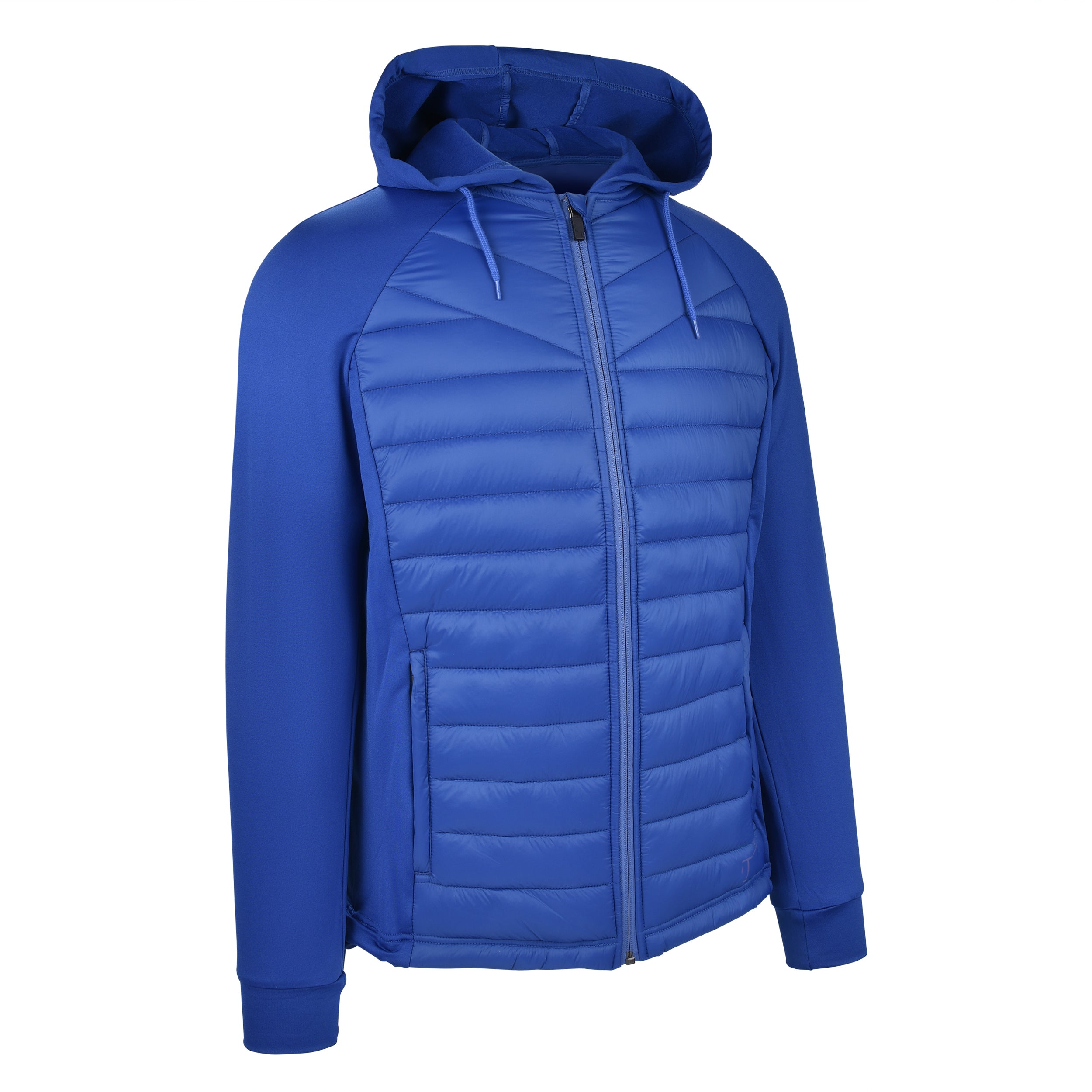 Men's Thinsulate Hybrid Hooded Long Sleeve Jacket, Blue. 45 degree right view.