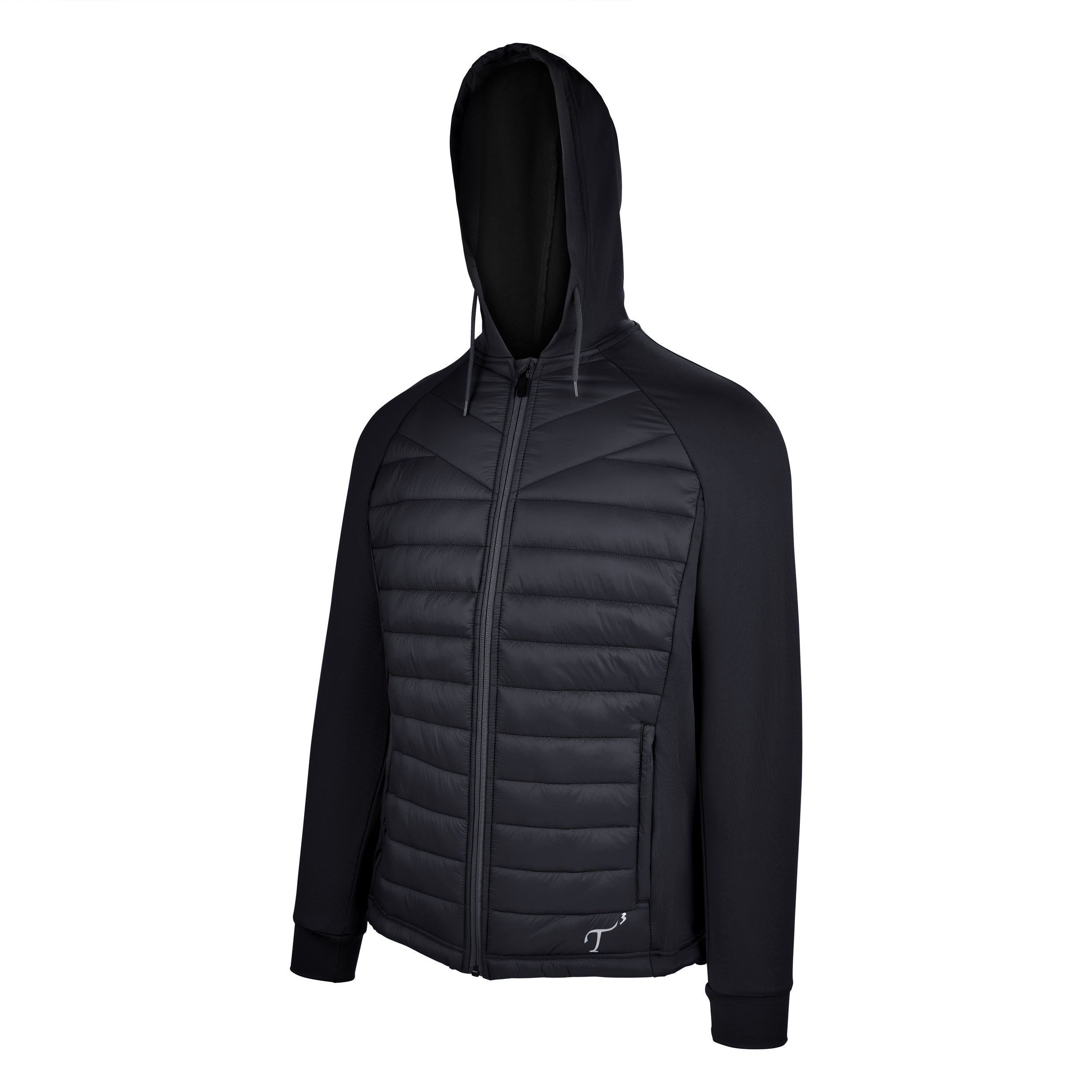 Men's Thinsulate Hybrid Hooded Long Sleeve Jacket, Black. 45 degree left view.
