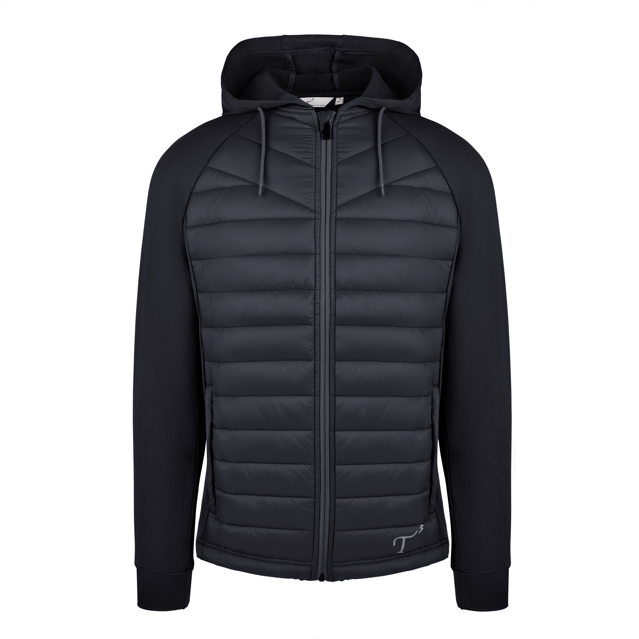 Men's Thinsulate Hybrid Hooded Long Sleeve Jacket, Black. Front view.